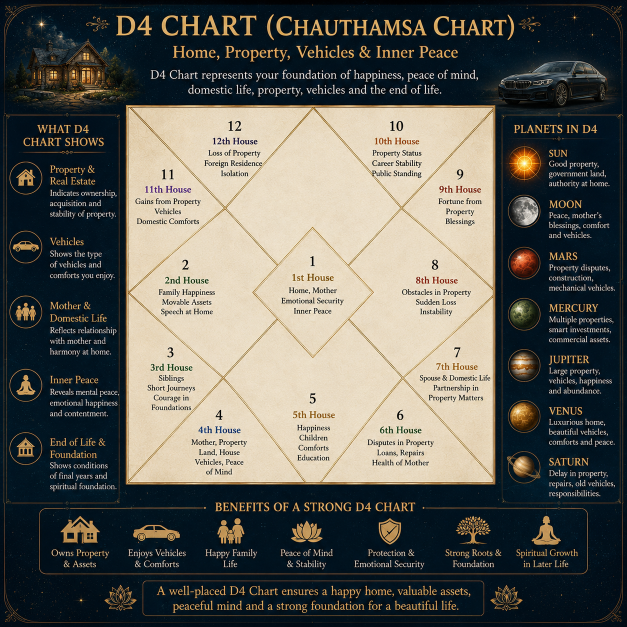Vedic Astrology: The D4 Chart (Chaturthamsa Chart) and Its Significance Property, Fortune, Vehicles & Domestic Happiness.